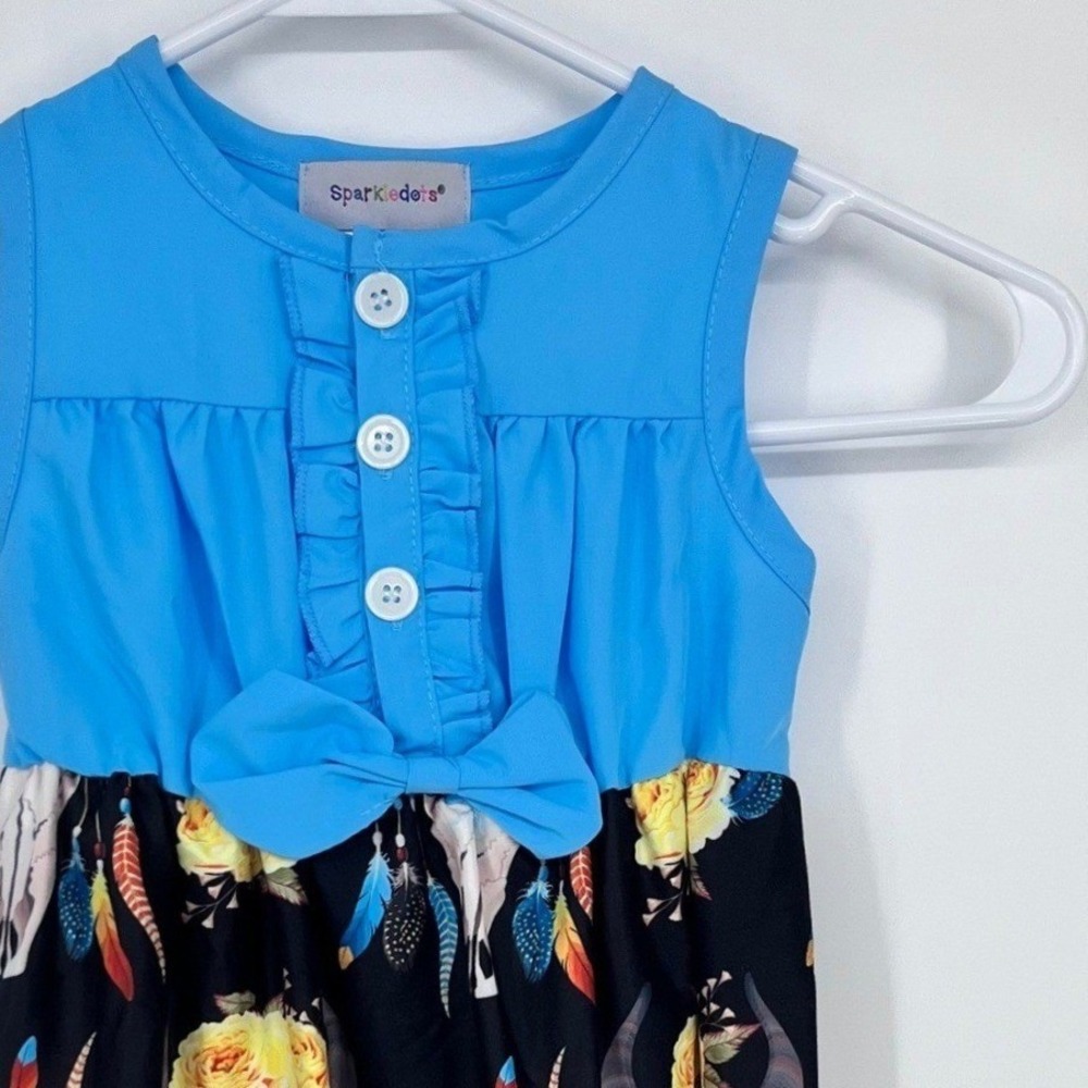 Sparkledots Dress Girls 18/24M Blue‎ Black Western Steer Skull Floral Bow Ruffle